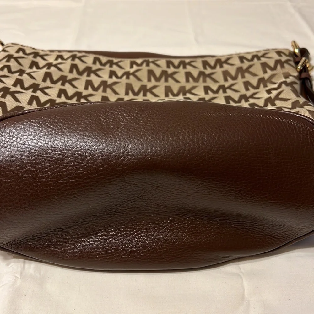 Michael Kors Beige and Brown MK Logo Shoulder Hobo$45